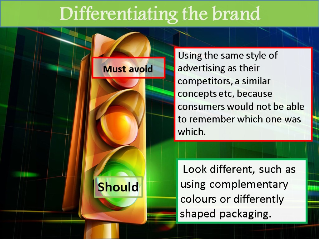 Must avoid Should Look different, such as using complementary colours or differently shaped packaging.